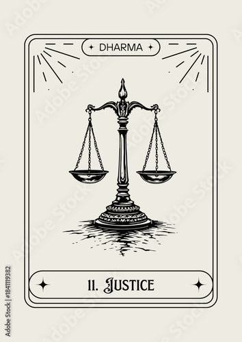 Vintage tarot card design featuring the Justice scales vector illustration