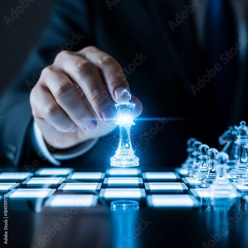 Digital glowing chess king held by a businessman in a suit, symbolizing strategic decision-making, leadership, and a brilliant plan in a futuristic, high-tech business environment with neon blue accen