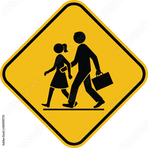 Pedestrian crossing sign indicating a school zone or area where children are expected to cross the road, often accompanied by adult supervision