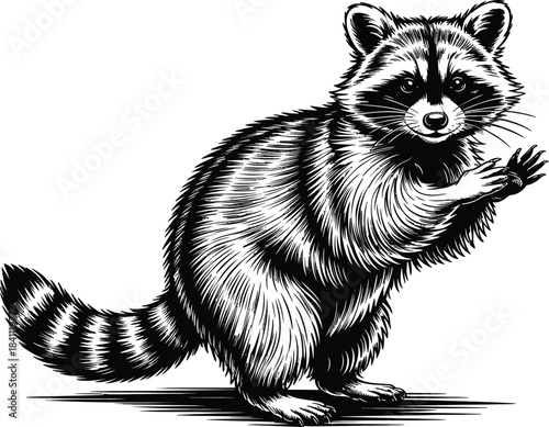 Captivating black and white illustration of a standing raccoon, showcasing its distinctive masked face and bushy striped tail with intricate fur textures, a charming and detailed wildlife drawing