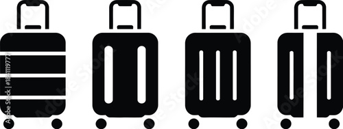 Black and white illustration of a set of four wheeled luggage bags, showcasing different textured designs