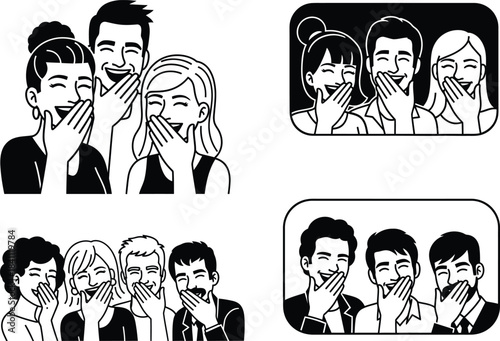 Four hand drawn groups of people laughing hysterically with hands over their mouths in a variety of poses and compositions in black and white