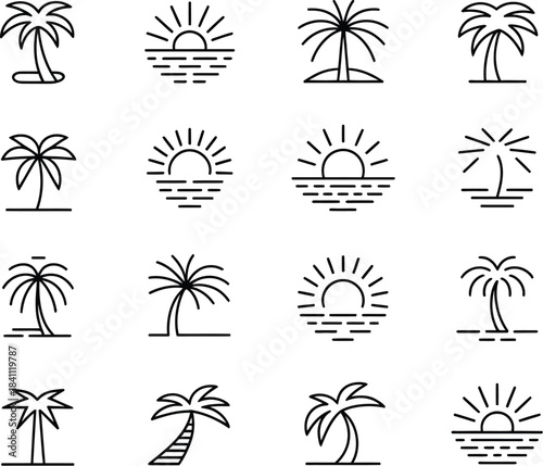 Minimalist line art vector icon collection showcasing diverse tropical palm trees and scenic sunrises or sunsets over the serene ocean, perfect for summer and travel
