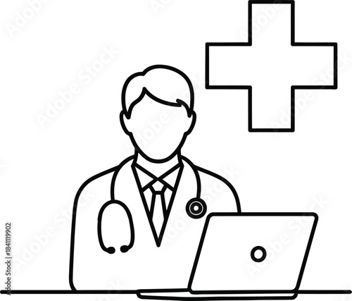 Doctor with laptop and medical cross icon, representing healthcare technology, digital medicine, and remote consultation services.