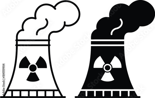 Graphic icon of a steaming nuclear power plant cooling tower displaying a clear radiation hazard symbol, signifying power generation, industrial safety, and energy concerns
