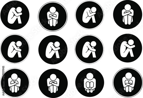 Collection of grunge style depression icons representing sadness loneliness and mental health issues in black and white isolated on white background