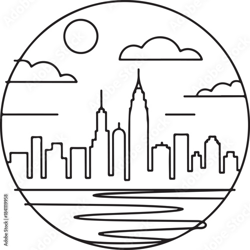 Continuous Line Art Skyline Inside Circular Frame in Minimal Contour Outline Style