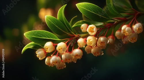 A close-up view of delicate flowers with fresh green leaves, beautifully illuminated by sunlight, creating a tranquil nature scene