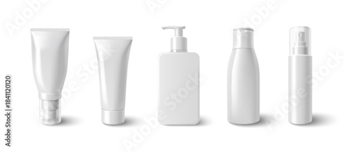 Skincare cosmetic bottles set isolated on white background. Vector realistic illustration of 3d tube and pump containers for shampoo, serum, cream, beauty care products, blank plastic containers