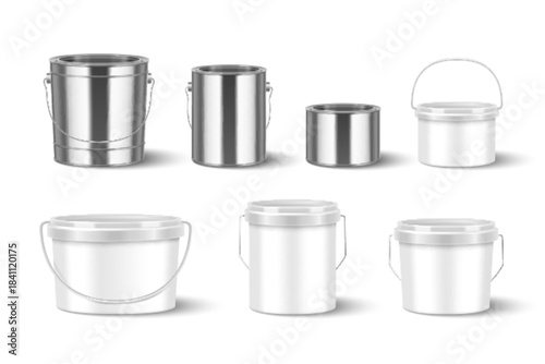 Metal and plastic paint buckets set isolated on white background. Vector realistic illustration of blank containers for renovation material or liquid food, 3d mockup of construction goods packaging