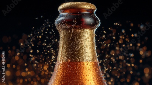 A close-up of a beer bottle with condensation and bubbles, creating a refreshing image. The bottle is amber in color and has a golden cap. 