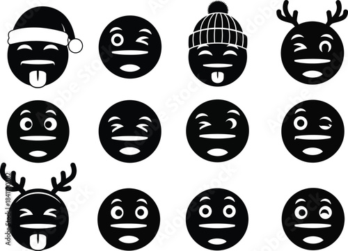 Monochrome emoji collection featuring winter themes and various expressions including winking santa hat reindeer antlers and a knitted cap on a white background