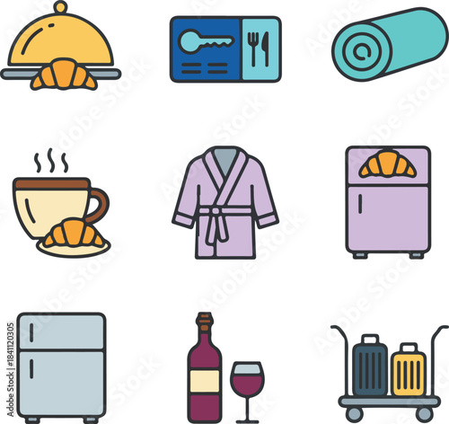 A colorful flat icon set illustrating hotel amenities including breakfast, bathrobe, luggage trolley, tea cup, and room service symbols. Clean and modern vectors perfect for travel, booking, and hospi