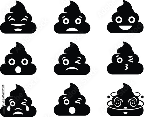 A collection of black and white poop emoji icons displaying different emotions and expressions ideal for digital communication and design projects