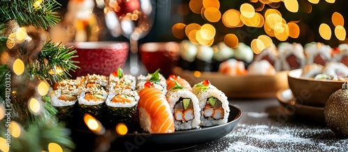 Japanese rolls and sushi on a festive table with Christmas decorations in the background