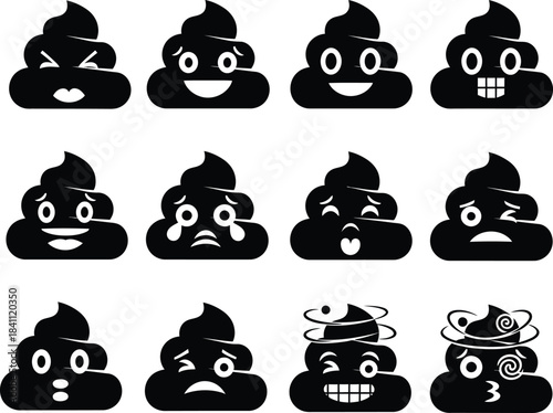 Collection of twelve black and white poop emoji icons with various expressions on a clean white background for creative projects