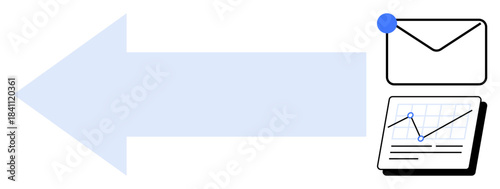 Light blue arrow pointing left toward email envelope with notification dot and analytics chart. Ideal for messaging, data sharing, email notification, marketing, analytics, communication, simple flat