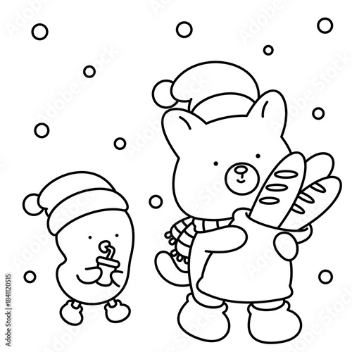 A little puppy and his chick friend walk through the snow to buy bread for their Christmas celebration, easy coloring for kids, vector, illustration, coloring book, coloring page, cozy, cute, bold