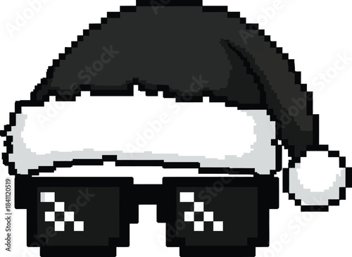 Pixelated santa hat and sunglasses icon for christmas or holiday season black and white retro style gaming aesthetic simple design element