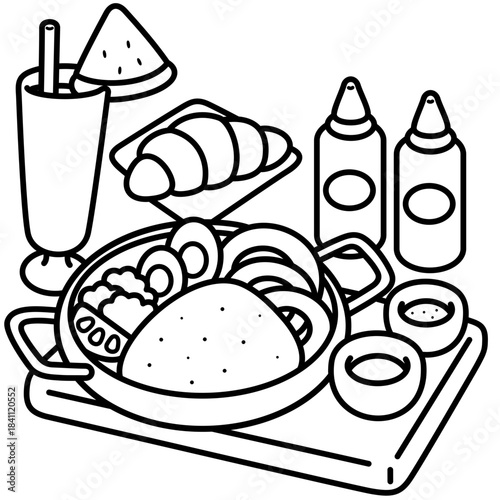 Fried steak set, easy coloring for kids, vector, illustration, coloring book, coloring page, cozy, cute, bold, comfy
