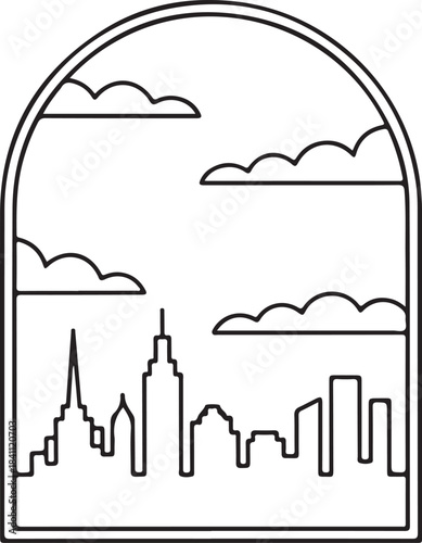 Continuous Line Art Skyline Inside Minimal Arch Window Frame in Simple Contour Outline Style