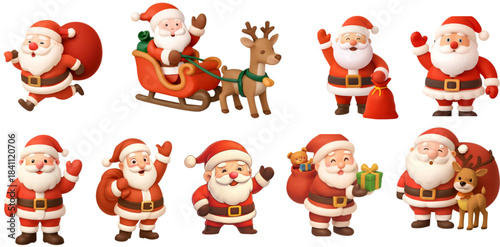 Santa Claus Vector. Set Santa Claus collection. Cute cartoon santas in different poses. Merry Christmas and Happy New Year
