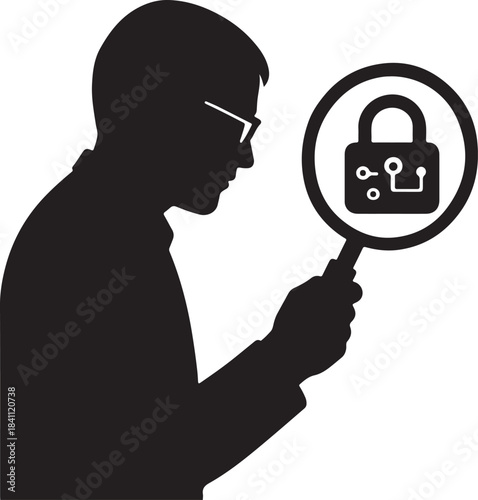 A person carefully scrutinizes digital security with a magnifying glass