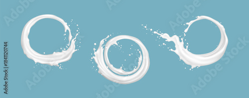 Milk splash with circular waves and scattered droplets isolated on background. Realistic white cream liquid swirls with flowing streams for milky beverage packaging and drink advertising.
