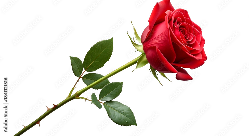 Fototapeta premium Single red rose with green stem and leaves on a transparent background isolated on a transparent background