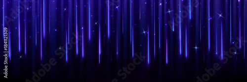 Shower of blue glitter and rain of sparkling stars falling vertically on dark backdrop. Neon light trails with shimmering particles with elegant cosmic effect for festive celebration background.