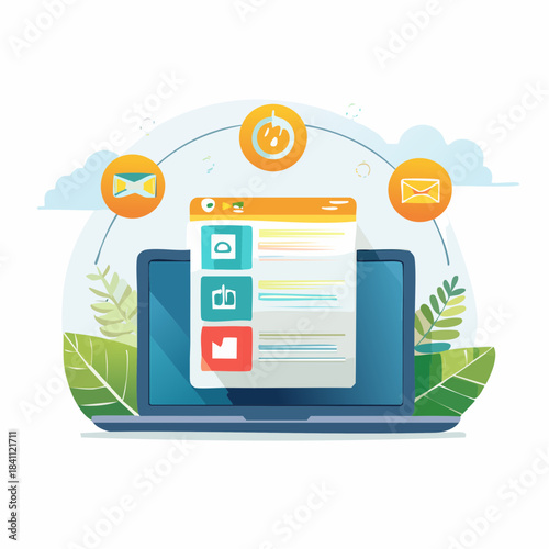 Online Communication Dashboard – Email, Cloud & Digital Interface Illustration