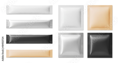 Sachet package pouch mockup set with foil bag in white, beige, silver and black colors. Rectangular stick pack templates for cosmetic mask or food product presentation. Blank mock up collection.