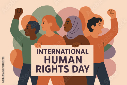 Human Rights Day concept art showing raised hands of different skin tones emerging from shadows into light, representing justice, freedom, and dignity, dramatic lighting, cinematic style