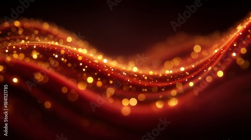 Golden glitters in a flowing wave pattern against a dark red background, creating a bokeh effect and shimmering lights