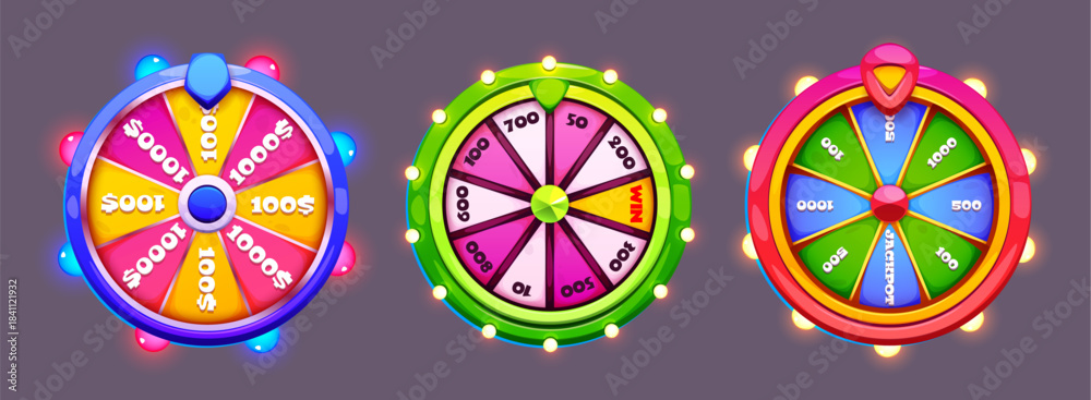 Fototapeta premium Fortune wheel icons with vibrant segments and glowing bulbs. Cartoon spinning wheels with prize amounts, lottery numbers and jackpot sections. Casino roulette neon designs for game interfaces.