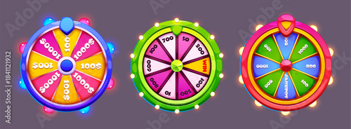 Fortune wheel icons with vibrant segments and glowing bulbs. Cartoon spinning wheels with prize amounts, lottery numbers and jackpot sections. Casino roulette neon designs for game interfaces.
