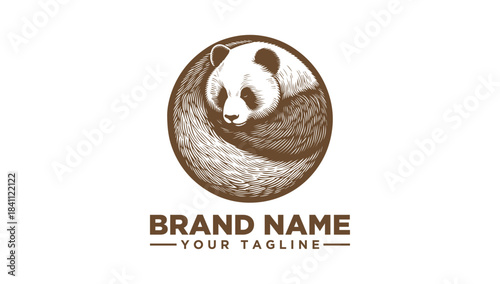 Detailed vector illustration of a panda bear icon, an engraving style graphic logo within a circular design.