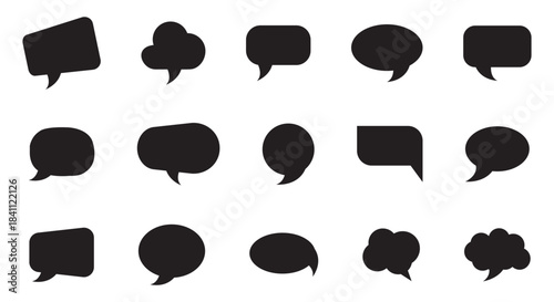 Collection of black outline speech bubbles and thought bubbles on white comic cartoon