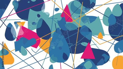 Vibrant and dynamic abstract geometric composition featuring a blend of bold primary and secondary colors perfect for modern graphic design projects and digital artwork