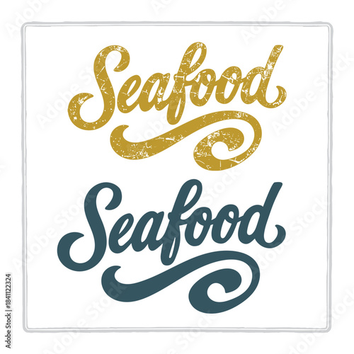 Seafood lettering in hand drawn vintage and print style with bold script typography. Designed for seafood branding and restaurant themes. Perfect for labels, menus, packaging, and logos.