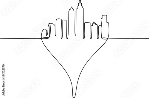 Continuous one-line drawing of an urban skyline silhouette with a base shaped like a heart, symbolizing the love and connection to city living