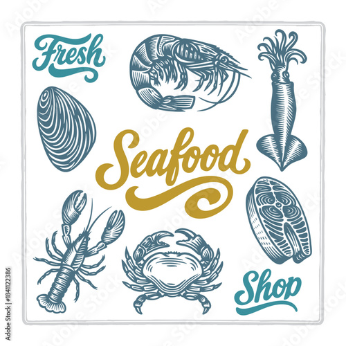 Hand drawn seafood set in vintage engraving style with shrimp, squid, crab, lobster, mussel, scallop, and salmon slice lettering compositions. Perfect for menus, labels, and packaging.