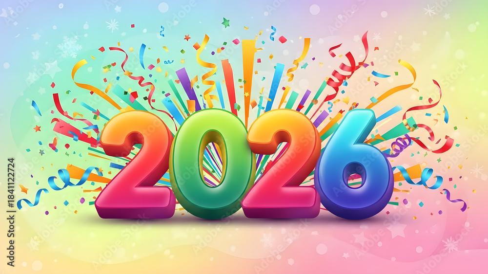 Fototapeta premium Colorful 2026 balloons with festive confetti celebration