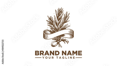 Presenting a botanical herb sprig vector illustration engraving logo icon design