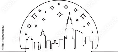 Continuous Line Art Skyline Merging with Starry Night Arc in Minimal Contour Outline Style