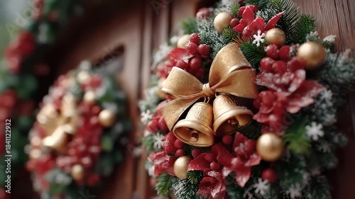 Christmas Wreath Golden Bells Adorn Door Welcoming Festive Warmth