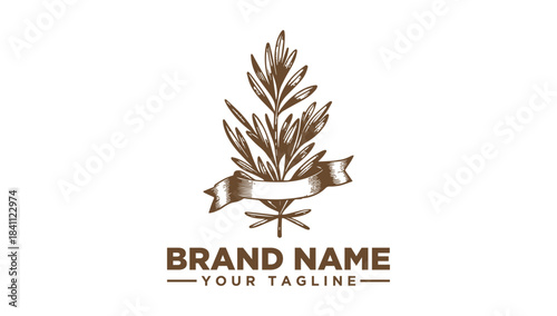Elegant botanical branch logo vector illustration, featuring a vintage design with a ribbon banner, ideal for organic product branding and identity
