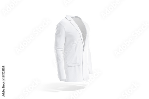 Blank white men blazer mockup, png, transparent background, 3d rendering. Empty formalwear with buttons and collar mock up cut out. Clear elegance groom outfit with smoking or jacket template.