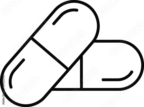 Outline icon of two pharmaceutical capsules, representing medicine and healthcare, isolated on a white background.