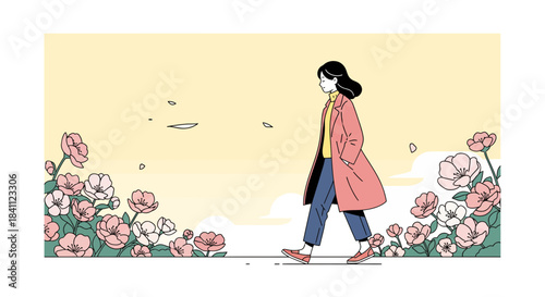 Woman walking alone in a field of flowers.